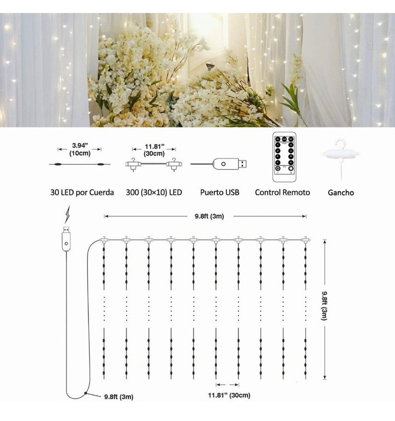 💡SERIE DE LUCES LED TIPO CORTINA 3X3 METROS 🎁 (300 FOCOS - 8 MODOS DE ILUMINACION)
