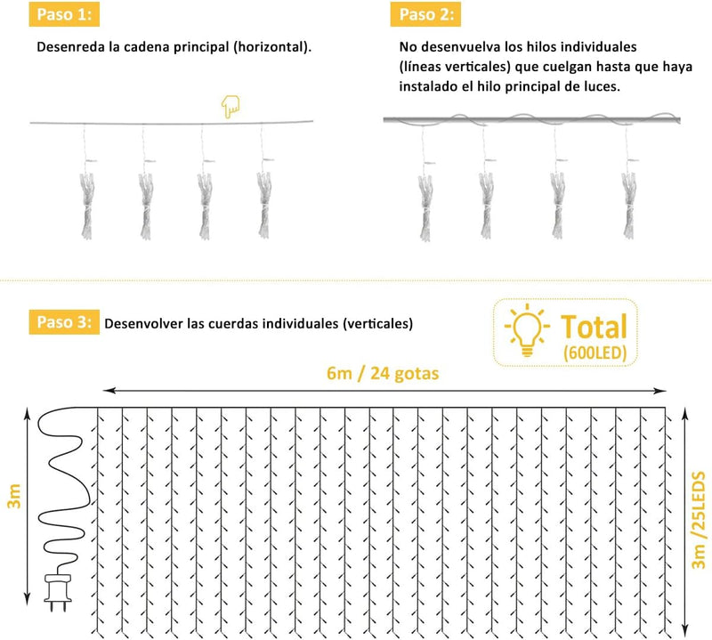 💡SERIE DE LUCES LED TIPO CORTINA 3X3 METROS 🎁 (300 FOCOS - 8 MODOS DE ILUMINACION)